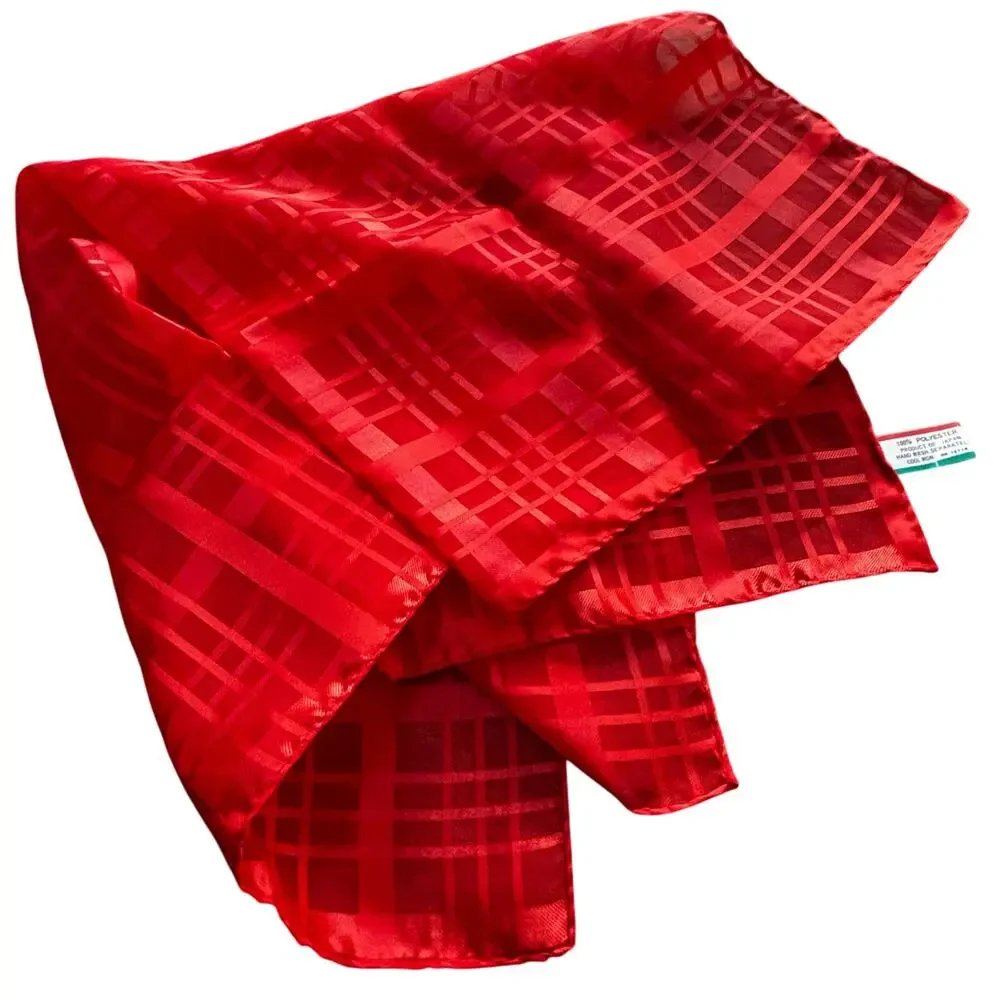 Silky red plaid burnout scarf neckerchief square Morsly New York made in Japan